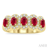 4x3 MM Oval Cut Ruby and 1/3 Ctw Round Cut Diamond Precious Wedding Band in 14K Yellow Gold